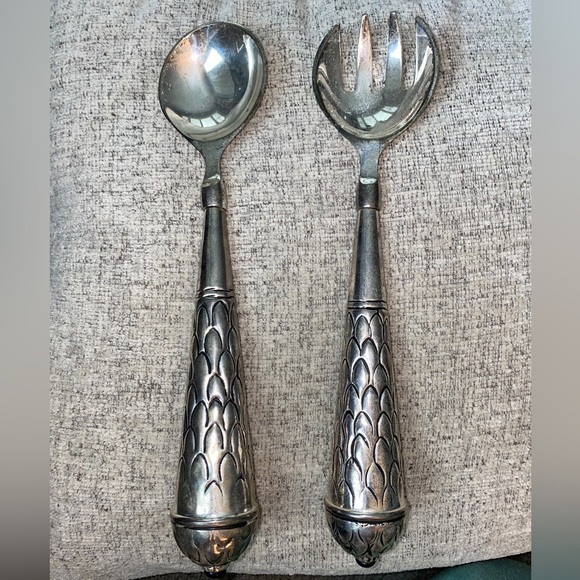 Vintage-Style Salad Serving Set Silver Plated Twos Company, Royal Blue Stones - Picture 3 of 5